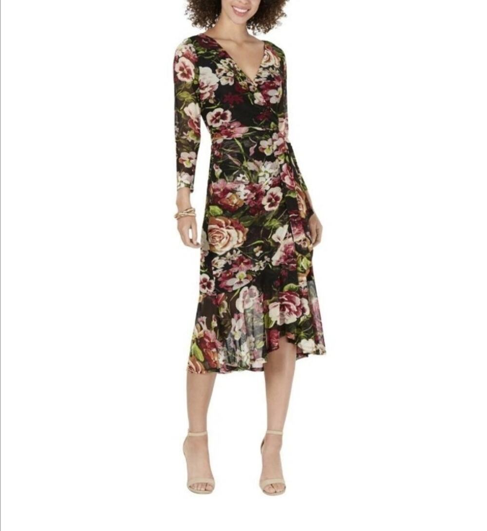 Connected Apparel Black Floral Sheer Wrap Midi Dress Dark Romantic Resort Large